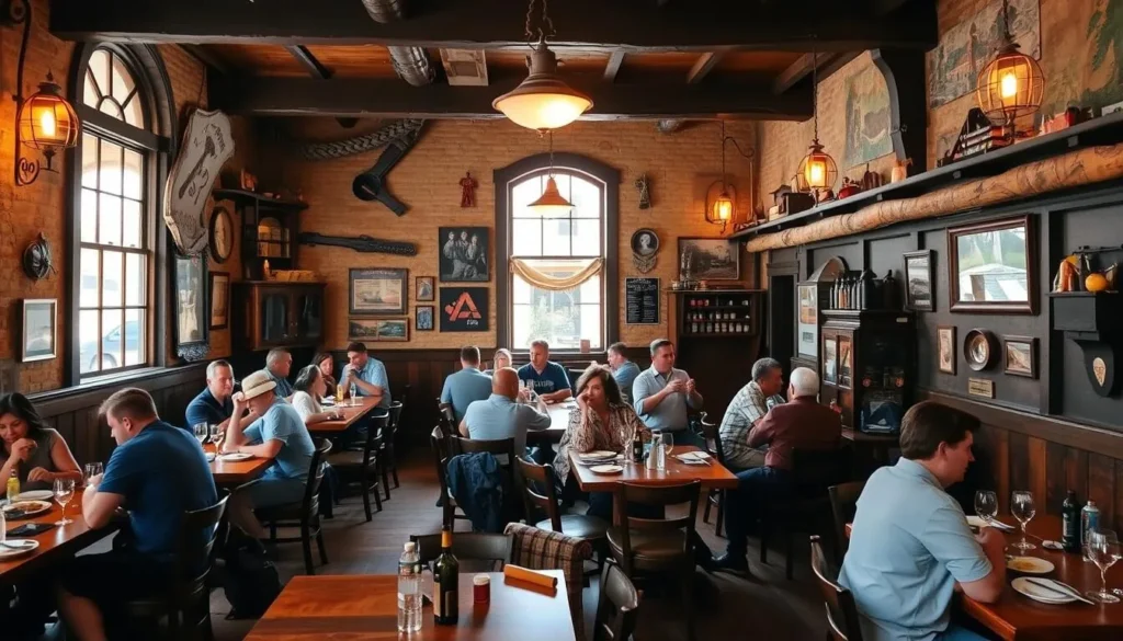 Interior of a historic restaurant in Jerome with mining-themed decor and diners enjoying meals