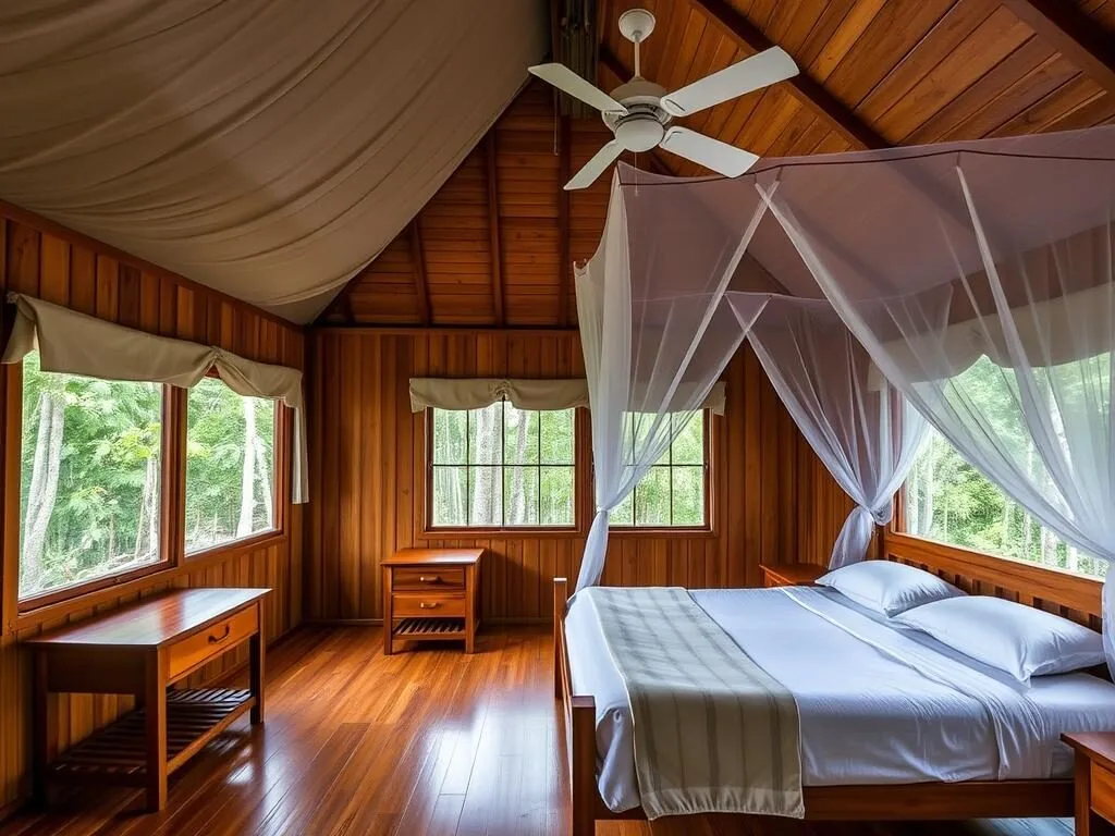 Interior of a standard cabin at Sloth Island Nature Resort showing bedroom and sitting area