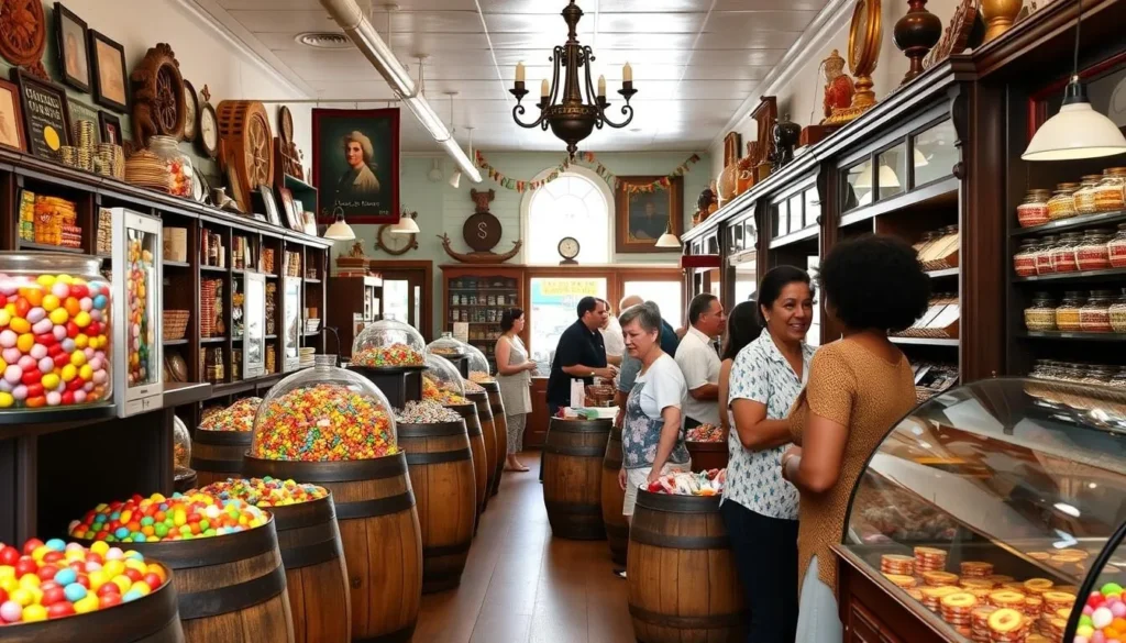 Interior of an old-fashioned candy store in Old Sacramento with barrels of candy and diverse customers shopping for treats Interior of an old-fashioned candy store in Old Sacramento with barrels of candy and diverse customers shopping for treats