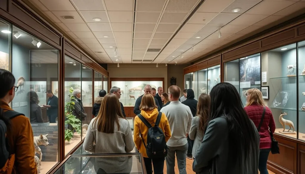 Interior of the Bryansk State United Museum of Local Lore with diverse visitors viewing exhibits Interior of the Bryansk State United Museum of Local Lore with diverse visitors viewing exhibits