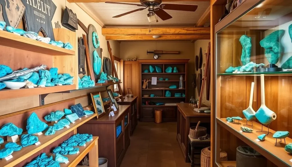Interior of the Casa Grande Trading Post and Mining Museum showing turquoise displays and mining artifacts
