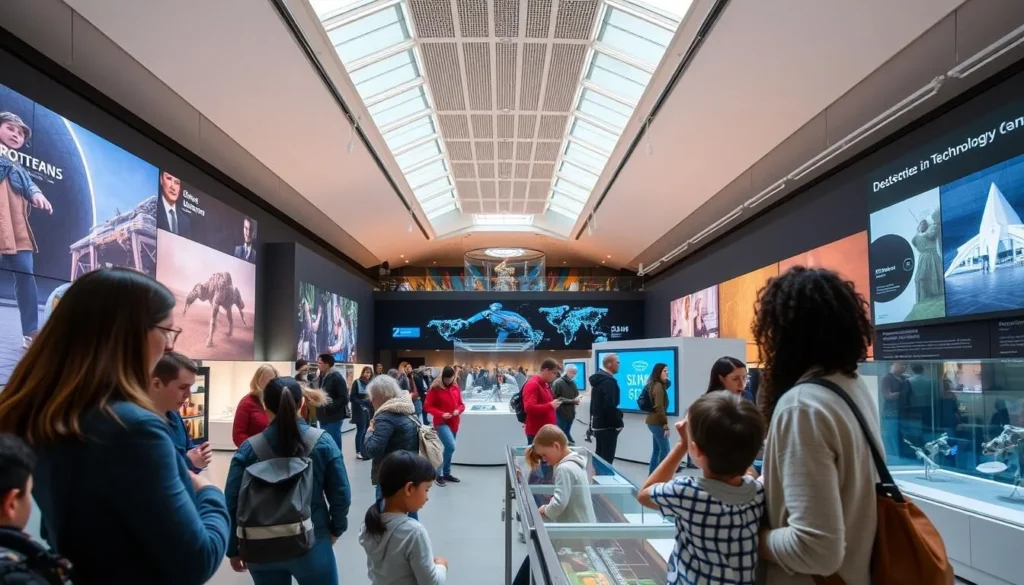 Interior of the Deutsches Museum in Munich showing interactive science exhibits with diverse visitors