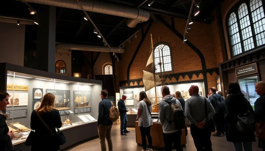 Interior of the European Hansemuseum in Lübeck showing interactive exhibits about the Hanseatic League