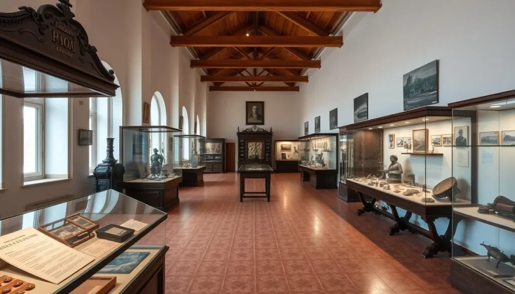 Interior of the Lipetsk Regional Museum of Local Lore showing historical exhibits and artifacts