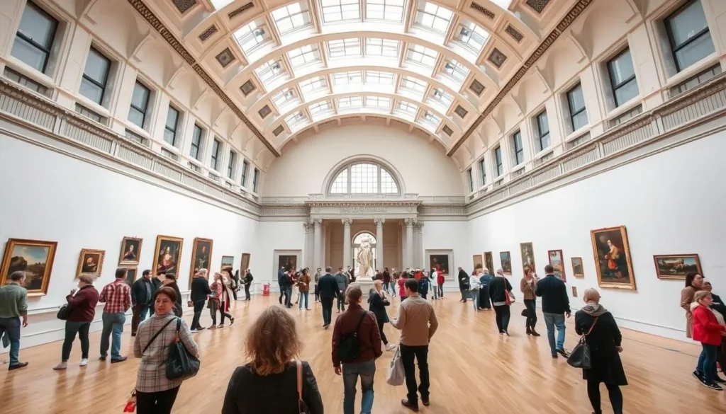 Interior of the National Gallery of Denmark (SMK) with visitors viewing art exhibitions