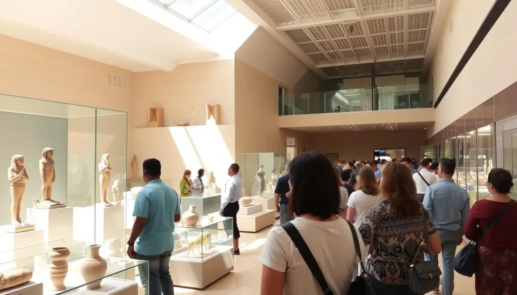 Interior of the Nubian Museum in Aswan showing artifacts and cultural displays with visitors of diverse backgrounds