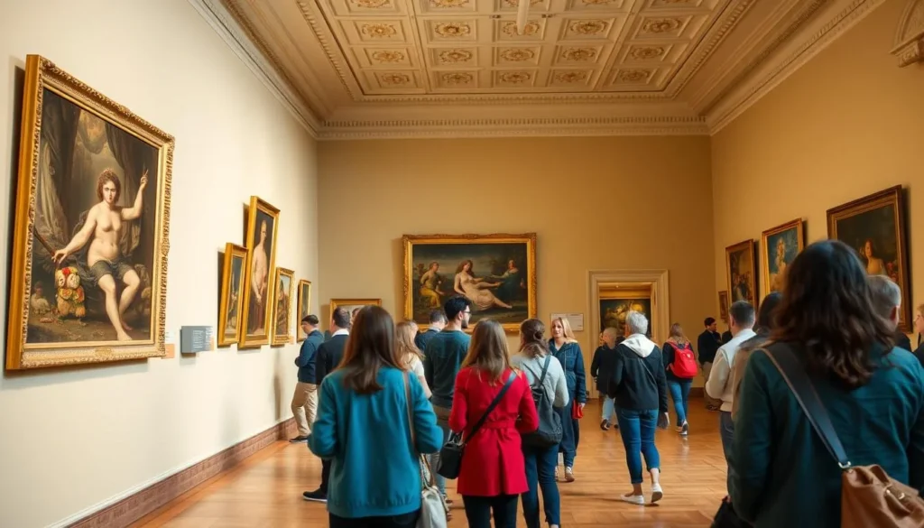 Interior of the Penza Regional Picture Gallery with visitors admiring artwork
