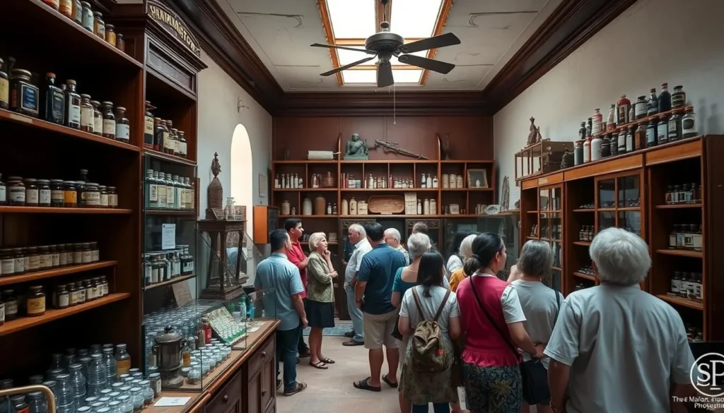 Interior of the Pharmaceutical Museum in Matanzas showing antique medicine bottles and equipment