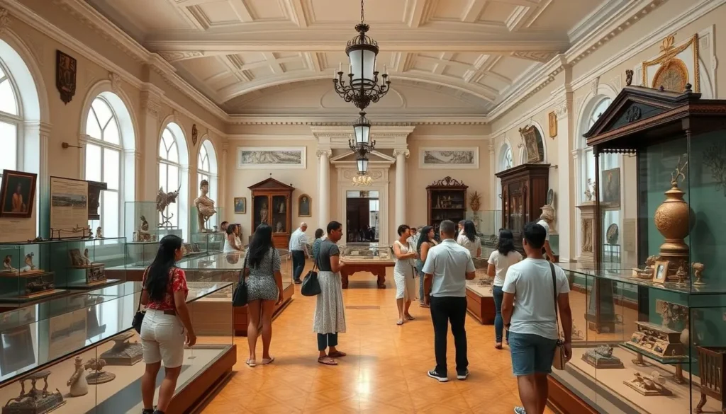 Interior of the Provincial Museum of Cienfuegos with historical exhibits and visitors Interior of the Provincial Museum of Cienfuegos with historical exhibits and visitors