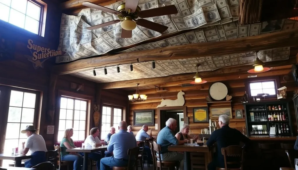 Interior of the Superstition Saloon in Tortilla Flat with dollar bills covering the walls