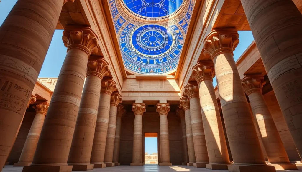 Interior of the Temple of Hathor showing the hypostyle hall with its massive columns and colorful ceiling Interior of the Temple of Hathor showing the hypostyle hall with its massive columns and colorful ceiling