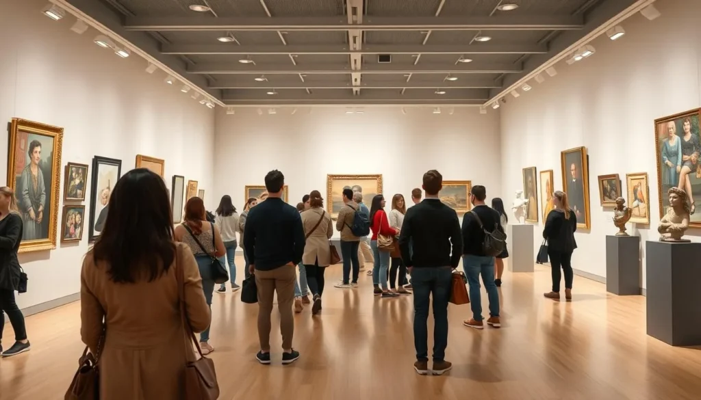 Interior of the Togliatti Art Museum showing visitors viewing modern art exhibitions