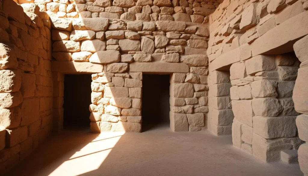 Interior view of Pueblo Bonito showing stone walls and doorways Interior view of Pueblo Bonito showing stone walls and doorways