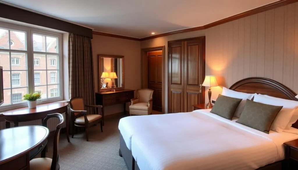 Interior view of a charming hotel room in Lübeck with traditional decor and views of the historic city