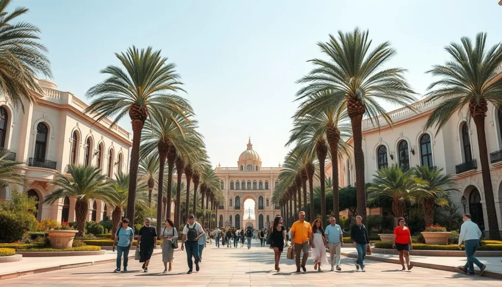 Ismailia city entrance with palm trees and gardens showing the European-influenced architecture