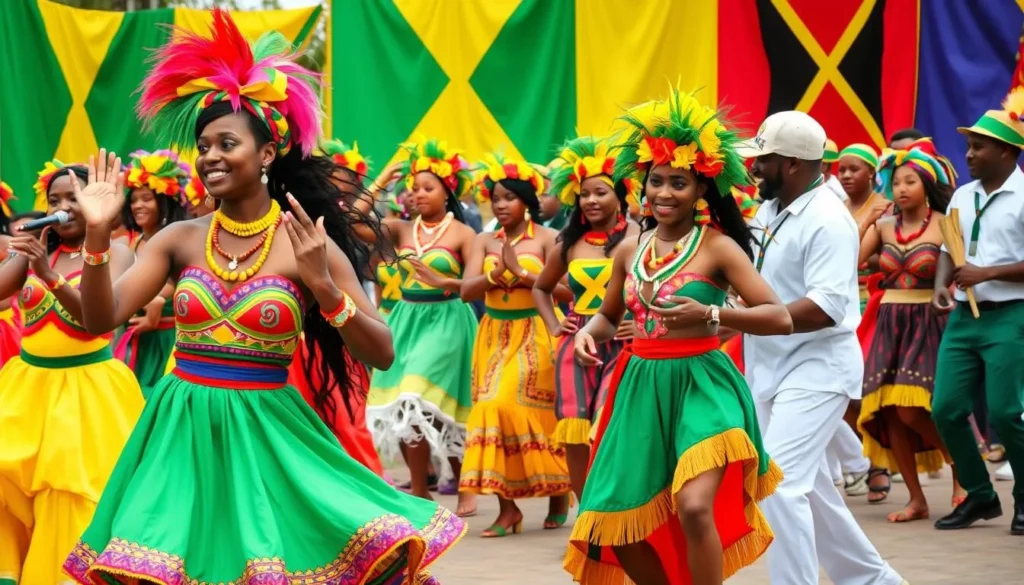 Jamaican cultural performance with traditional costumes Jamaican cultural performance with traditional costumes