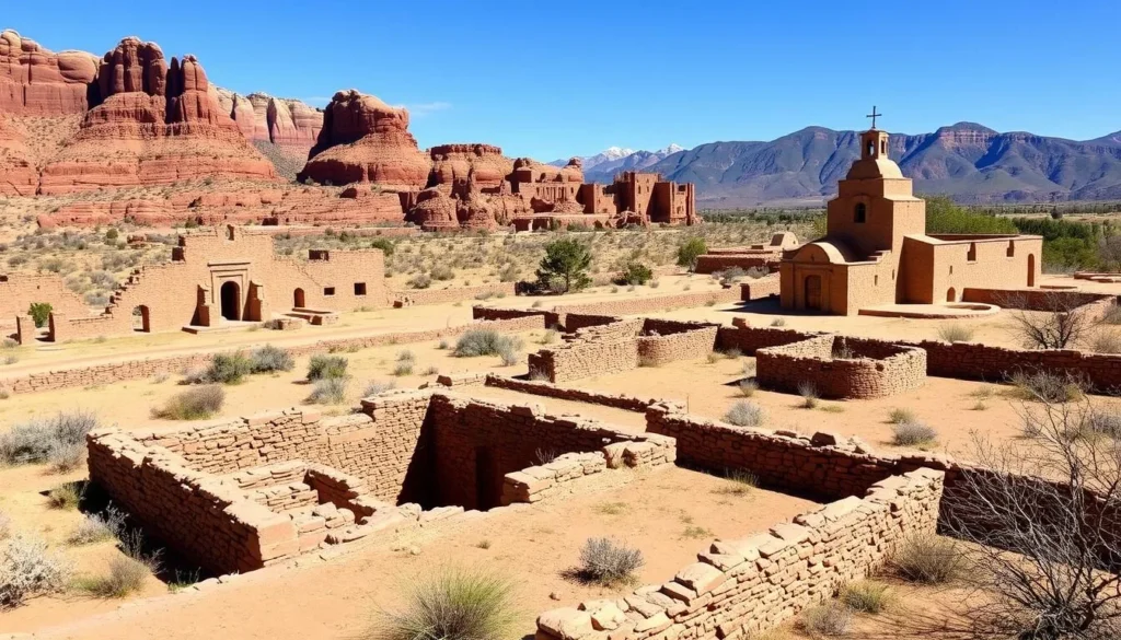 Jemez Historic Site ruins near Fenton Lake with ancient pueblo structures and mountain backdrop Jemez Historic Site ruins near Fenton Lake with ancient pueblo structures and mountain backdrop