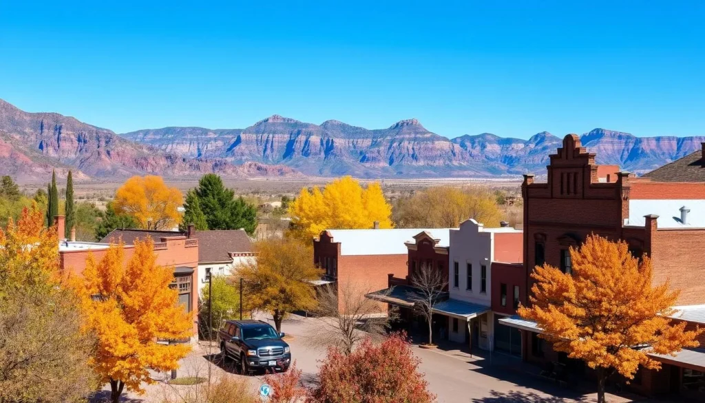 Jerome State Historic Park in autumn with fall colors and clear views of the Verde Valley