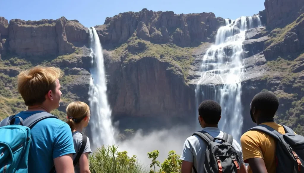 Jinbar Waterfall in the Simien Mountains with trekkers enjoying the view