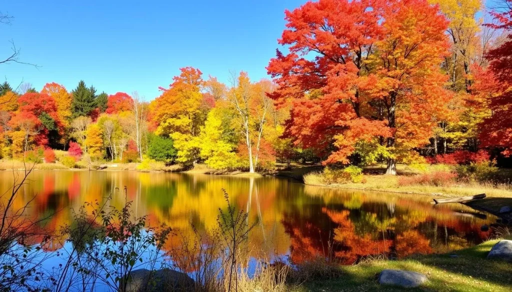 Johnson-Sauk Trail State Park Illinois in autumn with colorful fall foliage around Johnson Lake Johnson-Sauk Trail State Park Illinois in autumn with colorful fall foliage around Johnson Lake