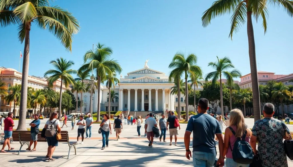 José Martí Park in Cienfuegos with the Tomás Terry Theater and tourists exploring José Martí Park in Cienfuegos with the Tomás Terry Theater and tourists exploring