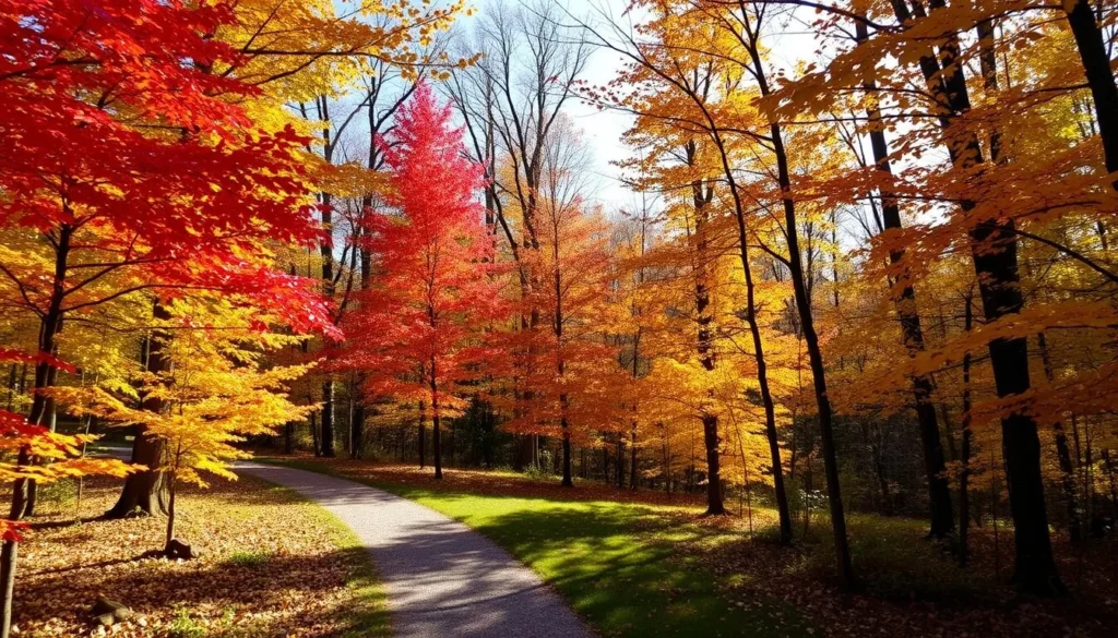 Jubilee College State Park Illinois in autumn with colorful fall foliage along hiking trails Jubilee College State Park Illinois in autumn with colorful fall foliage along hiking trails