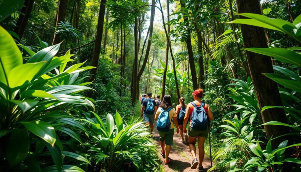 Jungle trekking near Jonestown Lake with diverse tourists and a local guide