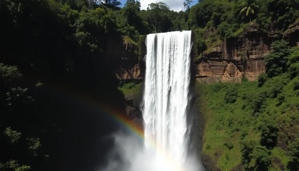 Kaieteur Falls in the Pacaraima Mountains with rainbow visible in the mist