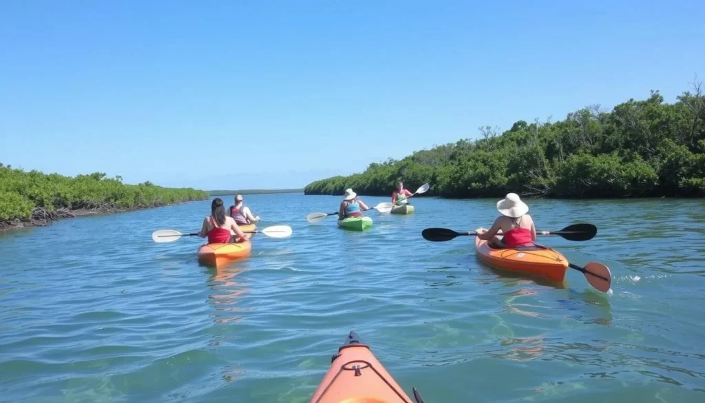 Kayakers approaching Mound Key Archaeological State Park Florida through mangrove channels