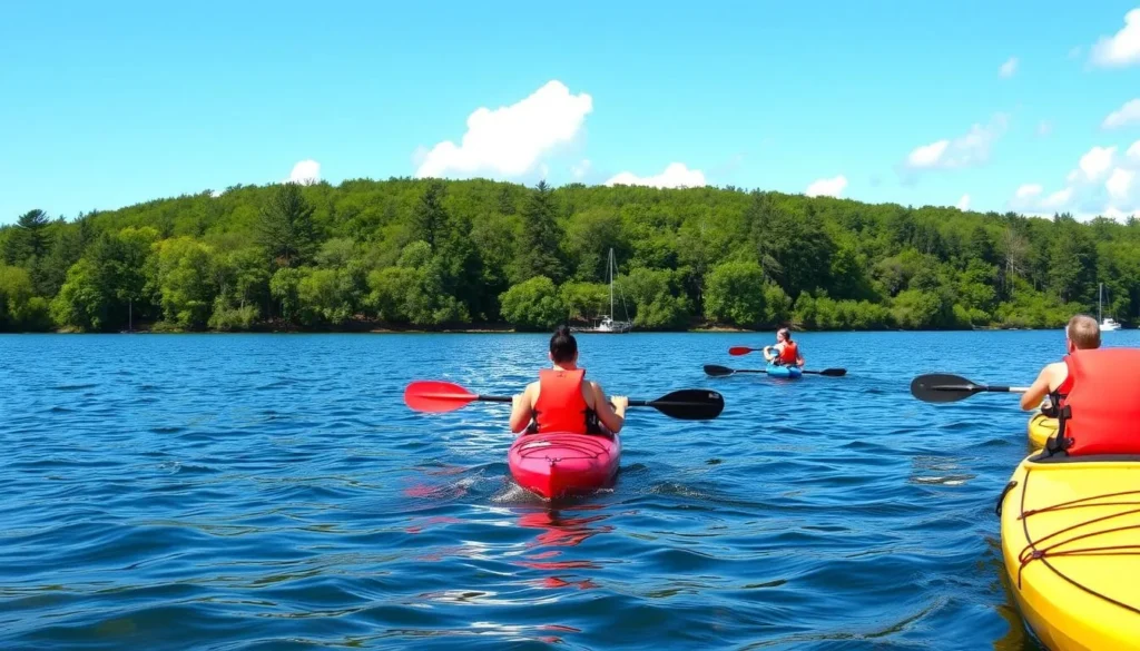 Kayakers enjoying Lake Marburg at Codorus State Park with forested shoreline Kayakers enjoying Lake Marburg at Codorus State Park with forested shoreline