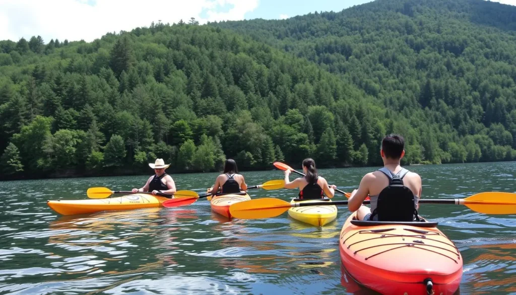 Kayakers enjoying Lake of the Clouds Pennsylvania with forest backdrop Kayakers enjoying Lake of the Clouds Pennsylvania with forest backdrop