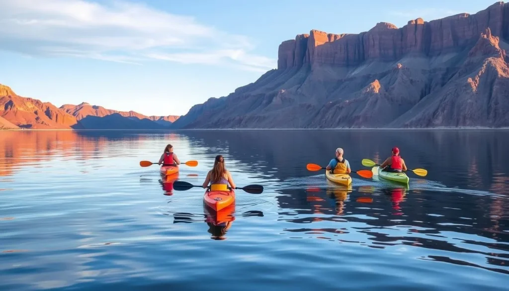 Kayakers enjoying a peaceful morning on Abiquiu Lake with red cliffs in background Kayakers enjoying a peaceful morning on Abiquiu Lake with red cliffs in background