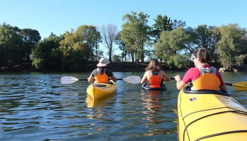 Kayakers enjoying a peaceful morning on Lake Decatur with natural shoreline in background Kayakers enjoying a peaceful morning on Lake Decatur with natural shoreline in background