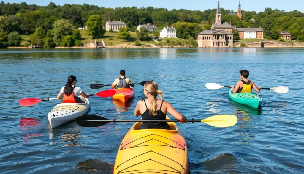 Kayakers enjoying a peaceful paddle on the Delaware River near Lower Makefield Kayakers enjoying a peaceful paddle on the Delaware River near Lower Makefield