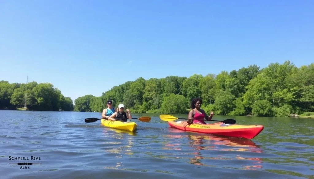 Kayakers enjoying the Schuylkill River in Norristown with greenery along the shoreline Kayakers enjoying the Schuylkill River in Norristown with greenery along the shoreline