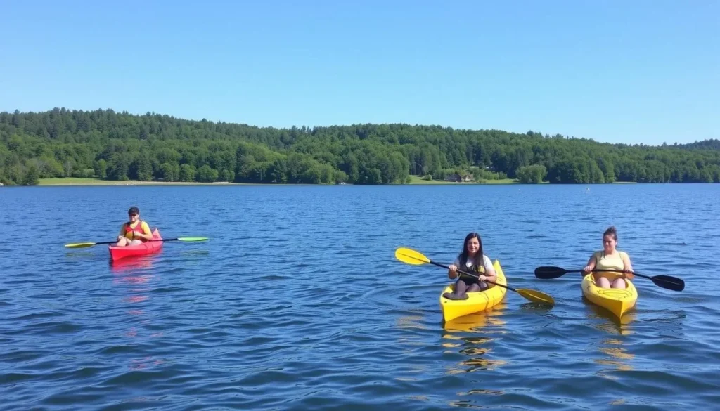 Kayakers enjoying the calm waters of Memorial Lake State Park Kayakers enjoying the calm waters of Memorial Lake State Park