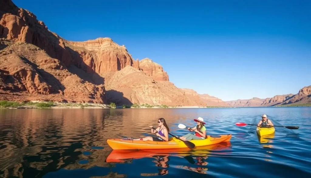 Kayakers exploring Canyon Lake with towering canyon walls in the background