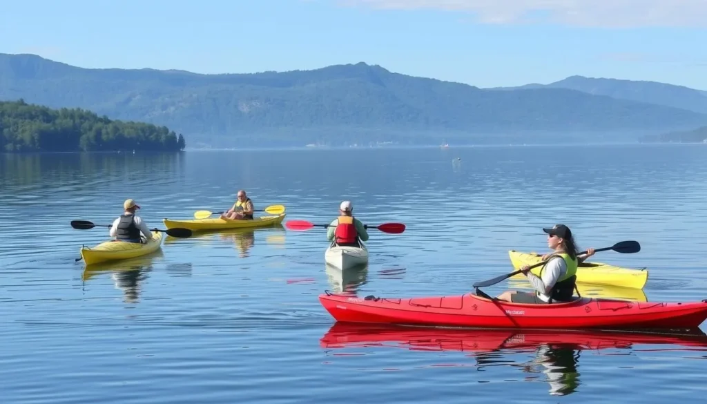 Kayakers exploring Foster Lake on a calm morning with mountains in background Kayakers exploring Foster Lake on a calm morning with mountains in background