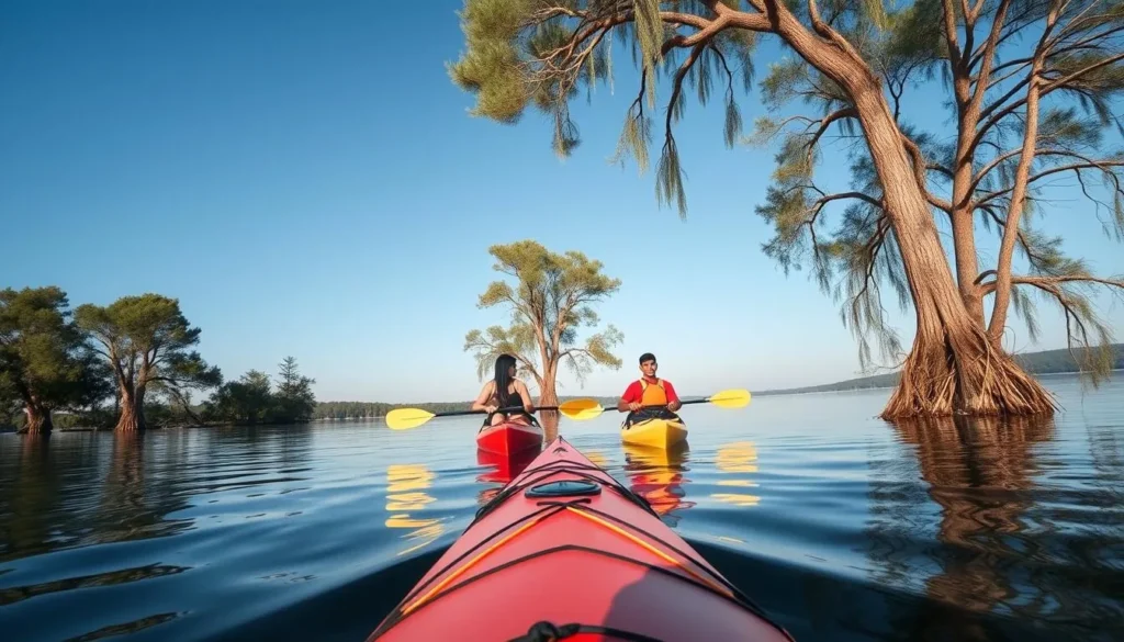 Kayakers exploring Horseshoe Lake Alexander County State Park Illinois among cypress trees Kayakers exploring Horseshoe Lake Alexander County State Park Illinois among cypress trees