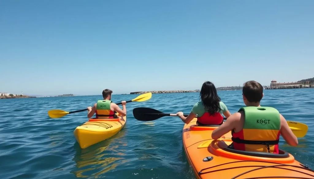 Kayakers exploring Monterey Bay near the historic park with views of the coastline Kayakers exploring Monterey Bay near the historic park with views of the coastline