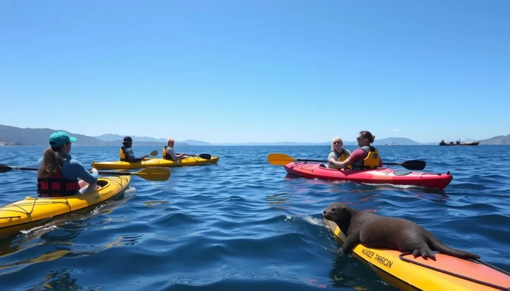 Kayakers exploring Monterey Bay with sea otters nearby Kayakers exploring Monterey Bay with sea otters nearby