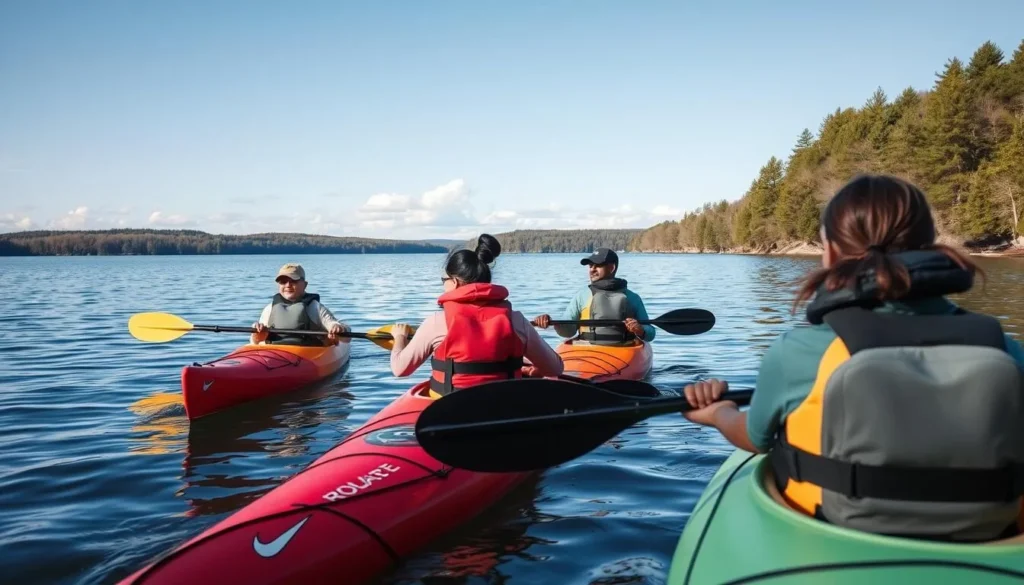 Kayakers exploring Promised Land Lake with forested shoreline in the background Kayakers exploring Promised Land Lake with forested shoreline in the background