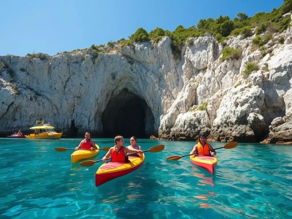 Kayakers exploring hidden coves along Cres Island's coastline Kayakers exploring hidden coves along Cres Island's coastline