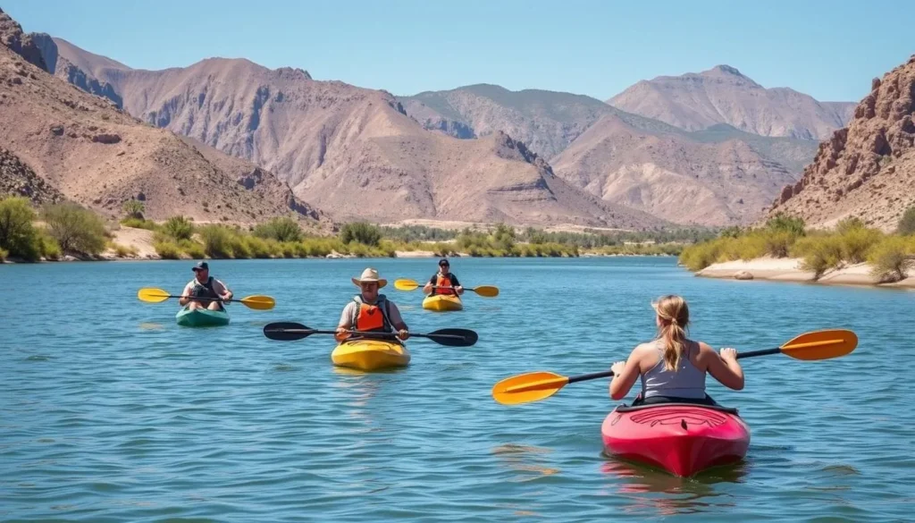 Kayakers exploring the Colorado River at Picacho State Recreation Area with maximum 3 watercraft visible Kayakers exploring the Colorado River at Picacho State Recreation Area with maximum 3 watercraft visible