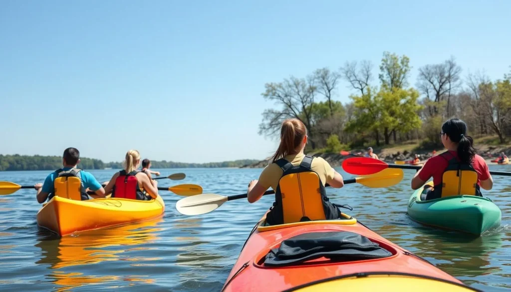 Kayakers exploring the Mississippi River near Kaskaskia Island on a sunny day Kayakers exploring the Mississippi River near Kaskaskia Island on a sunny day