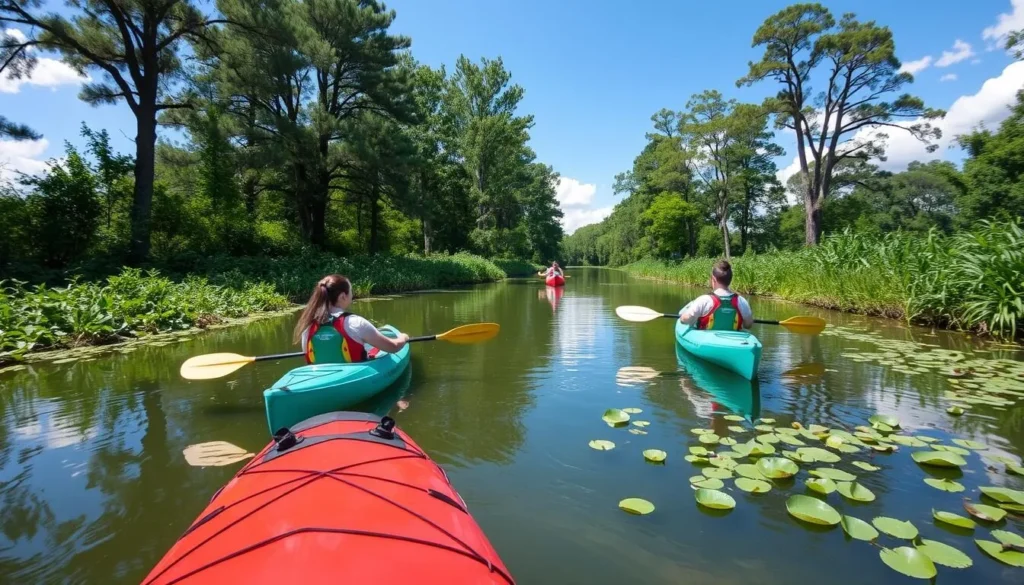 Kayakers exploring the backwaters of Mississippi River Islands National Wildlife Refuge Kayakers exploring the backwaters of Mississippi River Islands National Wildlife Refuge