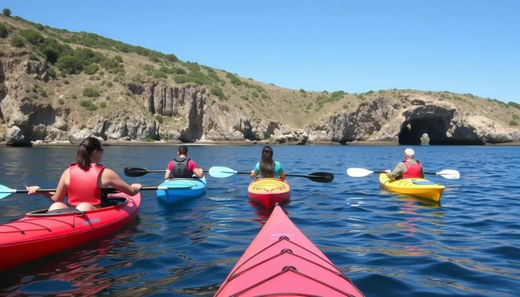 Kayakers exploring the calm waters and sea caves near Russian Gulch State Park on a sunny day Kayakers exploring the calm waters and sea caves near Russian Gulch State Park on a sunny day