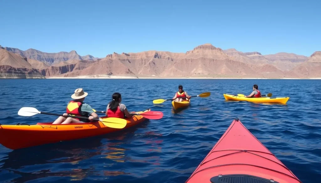 Kayakers exploring the calm waters of Lake Mead with desert cliffs in background Kayakers exploring the calm waters of Lake Mead with desert cliffs in background