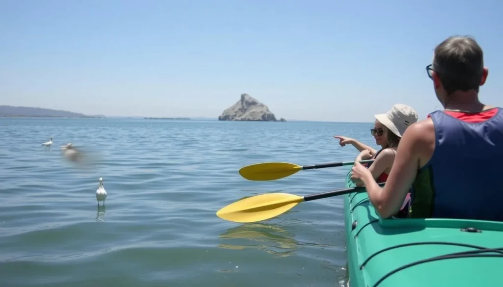 Kayakers exploring the calm waters of Morro Bay Estuary with birds and wildlife visible nearby Kayakers exploring the calm waters of Morro Bay Estuary with birds and wildlife visible nearby