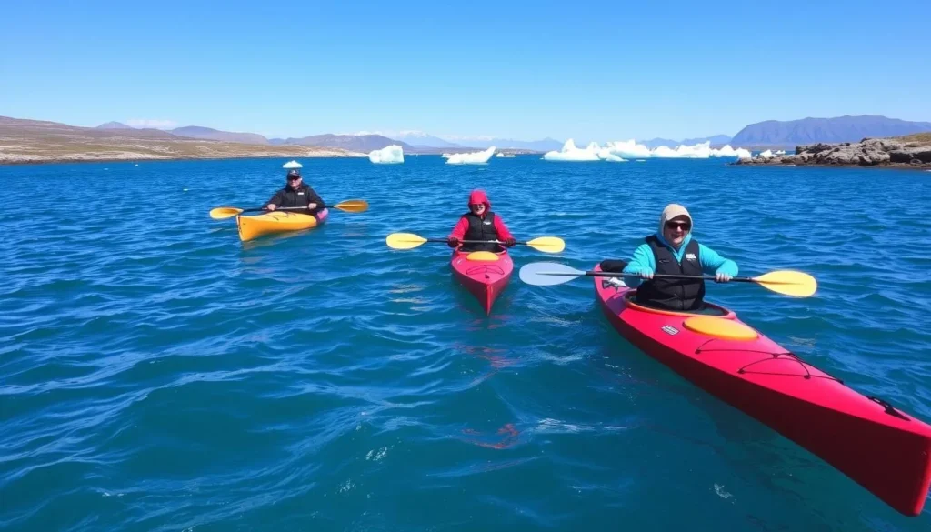 Kayakers exploring the coastal waters of Chukotka with icebergs in the distance Kayakers exploring the coastal waters of Chukotka with icebergs in the distance